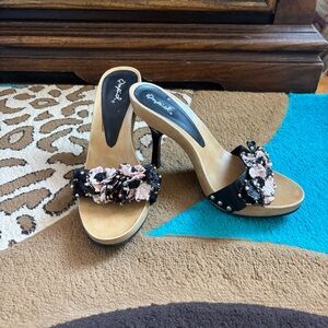 Qupid Black Heels with Pink Floral Embellishments